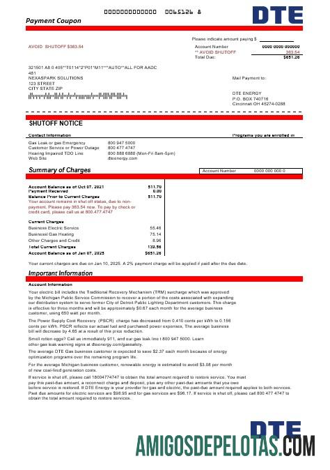 realista Modelo de fatura de serviços públicos de energia DTE dos EUA Michigan em formatos Word e PDF